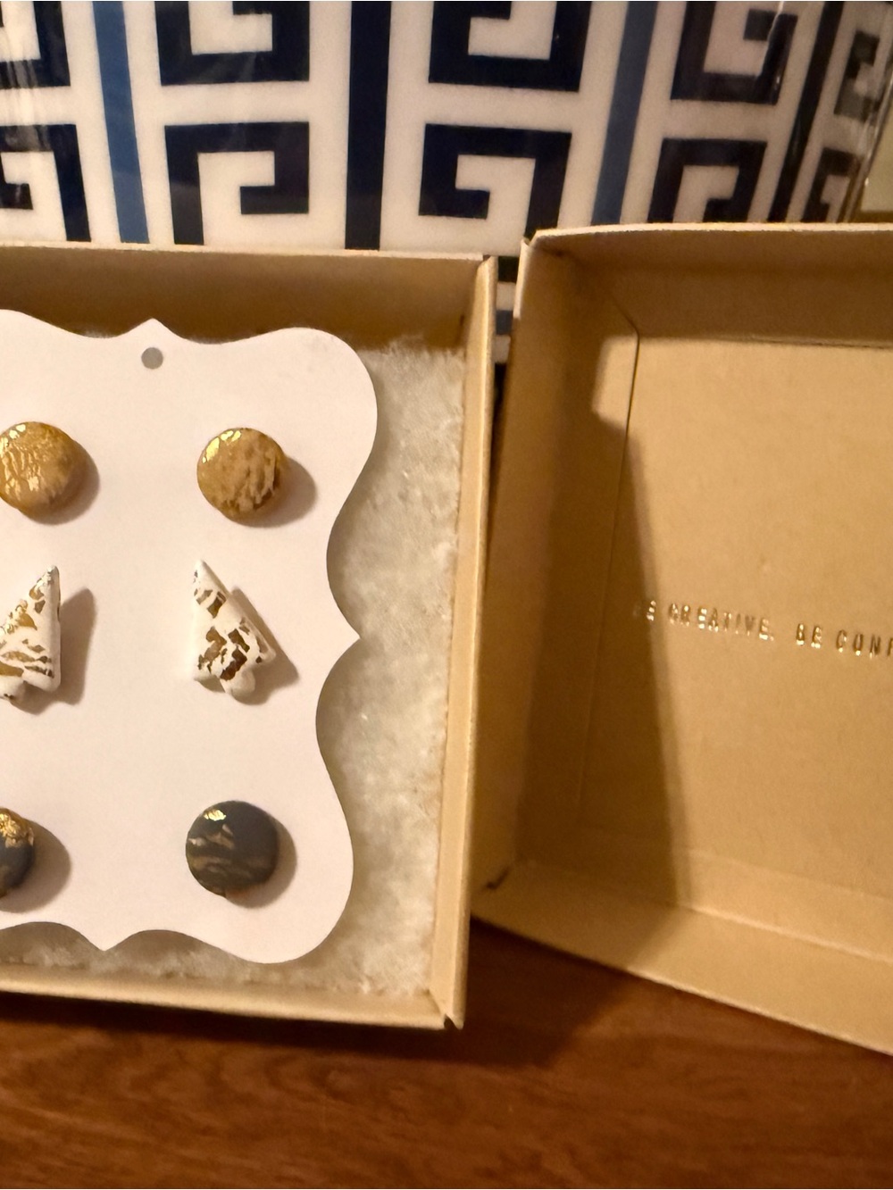 Trio Earring Set in Gift Box- Gold and White Geometric Stud Earring Set